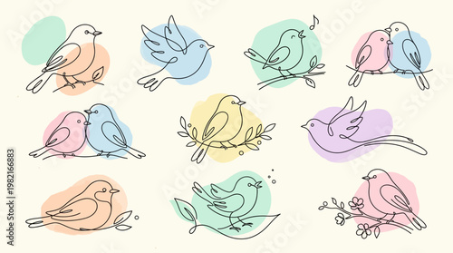 Colorful birds sitting on branches.