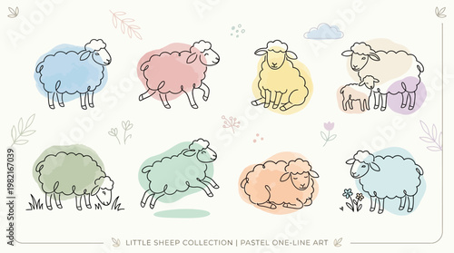 Colorful sheep in various poses.