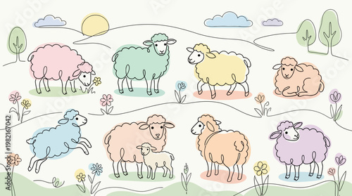 Colorful sheep in a field illustration.