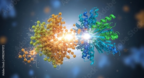 Detailed 3D Rendering of Protein Interaction and Molecular Bonding.