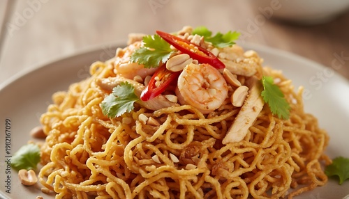 Golden fried noodles topped with succulent shrimp, chicken, peanuts, and vibrant red chilies