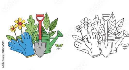 Gardening Tools Vector Illustration Set: Color and Line Art Versions Featuring Gloves, Shovel, Watering Can, Flowers and Leaves for Hobby, Planting and Coloring Book Page Design Projects.