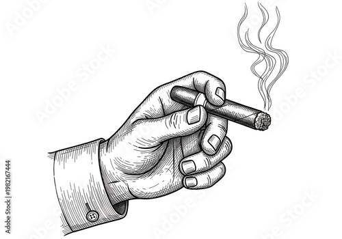A detailed black and white line art illustration of a hand holding a lit smoking cigarette cigar isolated on transparent background