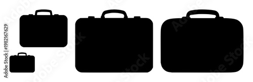 Office briefcase icon set with solid black silhouette on white background featuring business, travel, security with formality and professionalism