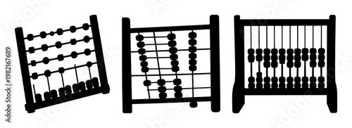 Abacus set with black silhouette on white background featuring mathematical calculation, counting tools, educational accessory with design graphic and geometry