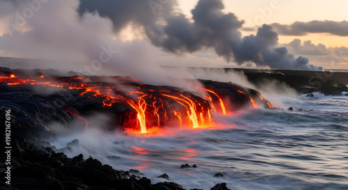 Hawaii Volcano Lava Flowing into Ocean at Sunset, Steam and Smoke