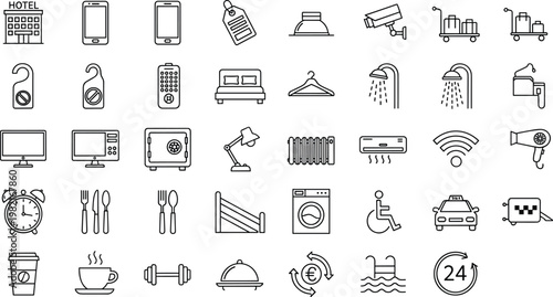 Hotel and hospitality line icon set with room service, security, amenities, travel essentials, and guest services minimal outline vector collection