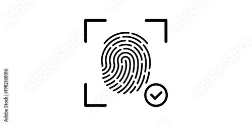 Fingerprint scan with checkmark and corner markers verification authentication in white background