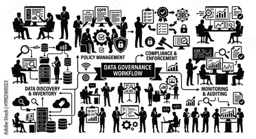 Data governance workflow infographic with business silhouettes, corporate compliance and policy management icons, information security and auditing vector set