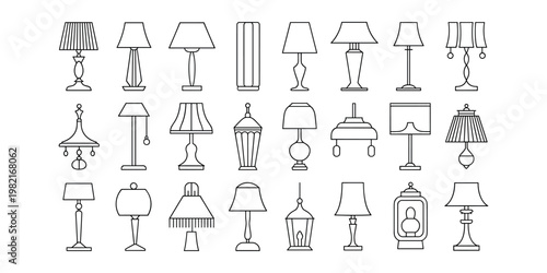 Line of various lamps and light fixtures line table lamps floor lamps pendant lights in white background