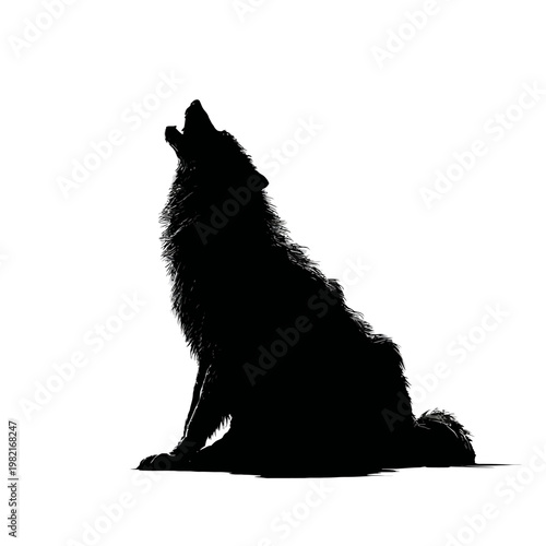 Silhouette of a dog sitting and howling.
