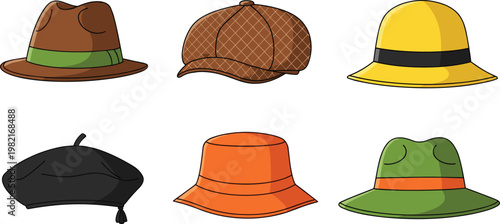 Stylish hat vector set with fedora, cap, beret and bucket hats, modern fashion headwear collection isolated on white background