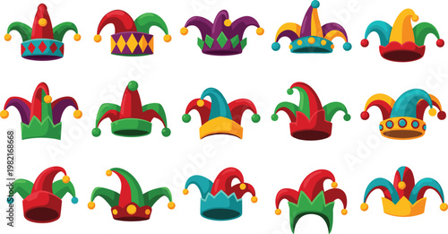 Jester hat vector set with colorful carnival caps, festive joker headwear collection, playful medieval costume accessories illustration isolated on white background