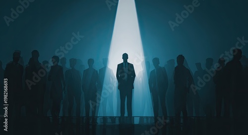 A lone figure stands illuminated in the center of a crowd, symbolizing leadership and distinction.