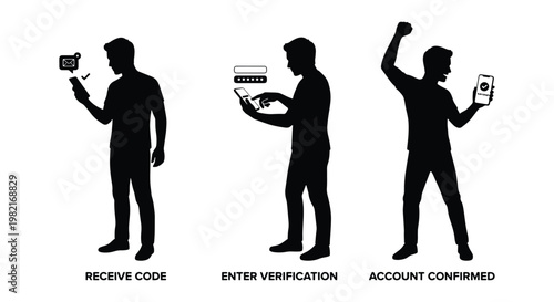 Two-factor authentication silhouette set, man receiving code and entering verification on smartphone, account confirmed success vector illustration