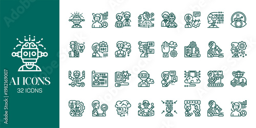 Artificial Intelligence Icon Set with AI Brain, Machine Learning, Robot, Data Network and Futuristic Technology Vector Collection