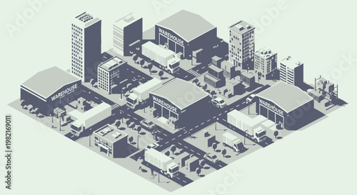 Isometric view of a monochromatic urban landscape featuring industrial buildings, warehouses, roads, and numerous delivery trucks.
