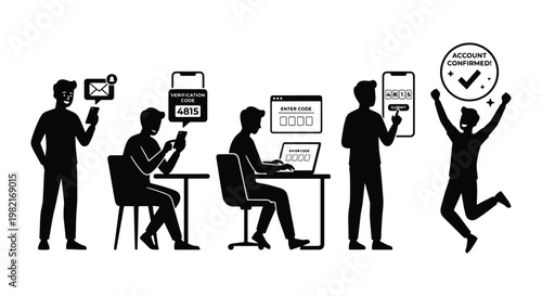 Two-factor authentication silhouette set, user verification process with mobile security codes, account confirmation and login success vector icons