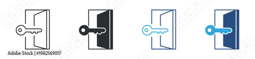 Door with Key Icon Set, Security and Access Control Concept, Login and Unlock Symbol, Vector Illustration