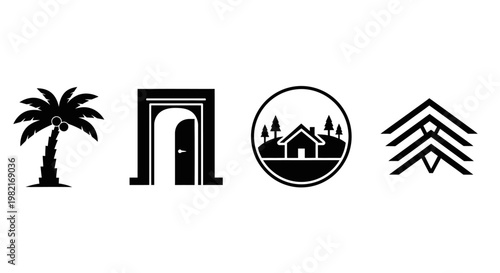 Four distinct black and white vector icons: a palm tree, an arched doorway, a house on a hill in a circle, and a stacked chevron pattern.
