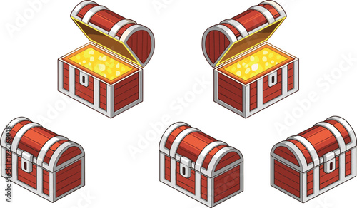Treasure chest vector set with open and closed pirate chests, gold coins inside, fantasy game asset collection isolated on white background