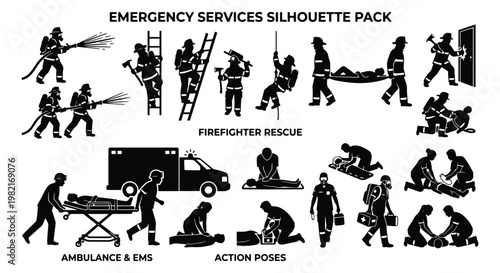 Emergency services silhouette pack, firefighter rescue and ambulance EMS action poses, first responder and paramedic vector icons set