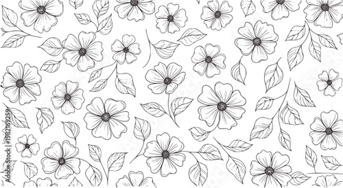 Black and white floral pattern with delicate blooming flowers and leaves