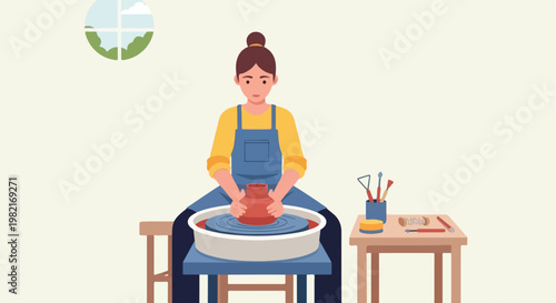 A woman in an apron uses a pottery wheel to craft a clay vessel in a studio