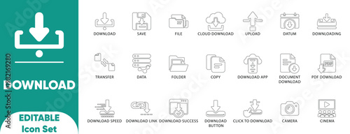 Download and File Transfer Line Icon Set. Cloud Storage, Upload, buttons, document, link, and Outline Vector Icons. 
