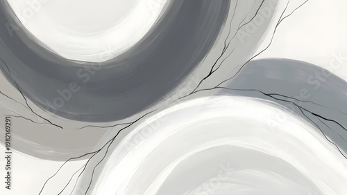 Calming abstract artwork featuring harmonious flowing gray, white, and beige brushstrokes, subtly intersected by delicate dark organic lines, creating a sophisticated visual rhythm