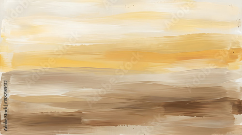 Abstract painting with earthy tones of brown, beige, and yellow, evoking a serene and natural landscape impression