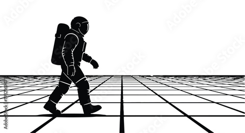 Astronaut walks across a digital grid landscape that stretches into the infinite horizon, representing the exploration of virtual spaces and the future of human advancement in technology.