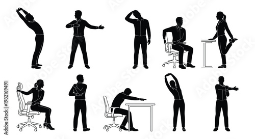 Office stretching silhouettes set of 10 vector icons, corporate wellness and workplace exercise poses, business people doing desk yoga and gym movements