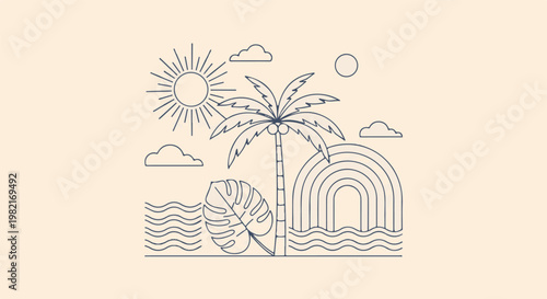 Minimalist line art illustration featuring a tall palm tree next to a bright sun and wavy ocean water with a tropical leaf and simple rainbow arch in soft beige tones.