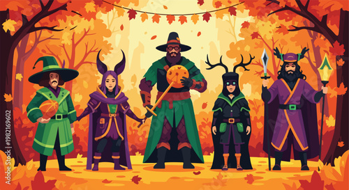 Five fantasy characters in costumes standing together in an autumn forest scene