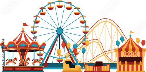 Circus carnival element set with amusement park icons including carousel, ferris wheel, tent and roller coaster on white background
