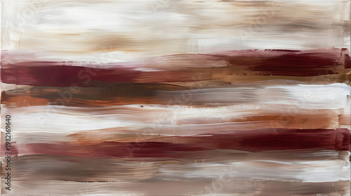 Abstract artwork featuring horizontal brush strokes in earthy tones of brown, beige, and deep red, evoking a sense of calm and natural beauty