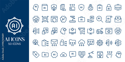 Artificial Intelligence Icon Set with AI Brain, Machine Learning, Robot, Data Network and Futuristic Technology Vector Collection