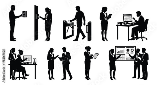 Professional business people silhouettes, corporate office workers set, employees in formal suits, security access and workplace meeting vector