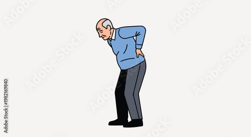 An elderly man standing and holding his lower back in pain, flat vector drawing