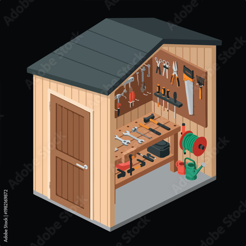 Isometric view of a wooden garden shed with various organized hand tools inside