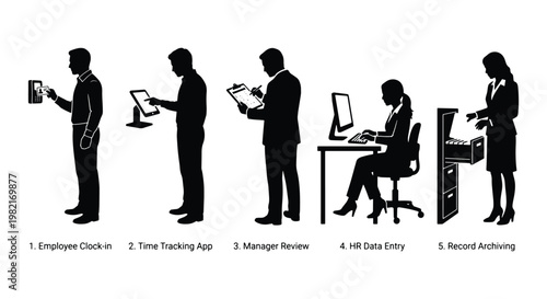 Business workflow silhouettes showing employee clock in, time tracking app, manager review, HR data entry, and record archiving process
