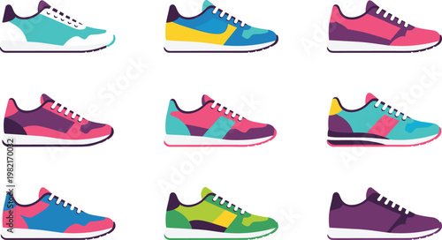 Colorful sneakers vector set with modern running shoes, trendy athletic footwear collection, casual sport trainers illustration isolated on white background