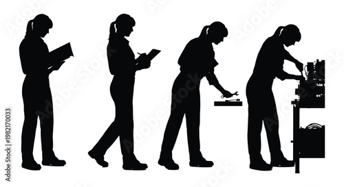 Female technician silhouettes in industrial workshop, woman engineer working at workbench, professional mechanic repair service vector set