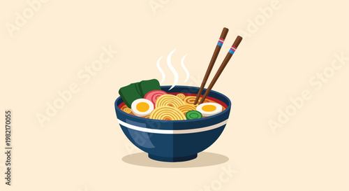 A steaming blue bowl of ramen noodles topped with boiled eggs, seaweed, and pork