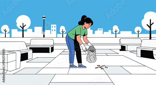 A woman in a green shirt picks up litter in a park with a city background