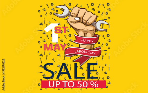 International Workers Day sale poster with fist and tools creative May Day discount design 
