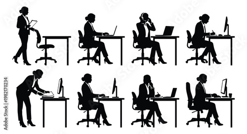 Business woman silhouette set of 8 icons, professional female office worker at desk with laptop, corporate employee working in various poses