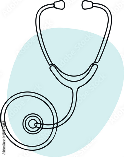 Simple black and white line art illustration of a professional medical stethoscope used by doctors and nurses to examine patients during routine checkups in a modern clinical healthcare facility setti