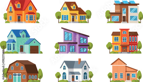 Colorful residential houses vector set with modern and classic homes, suburban architecture collection, detailed cartoon buildings isolated on white background
